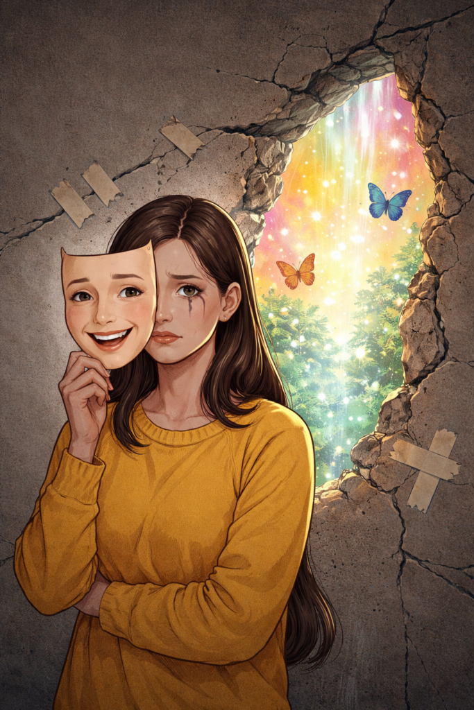 Forcing Positivity in Manifestation: The Hidden Psychological Cost of Ignoring How You Really Feel 20260216 1953 expressive mask simple compose 01khk4rrh5exas0eyzqwj038vr